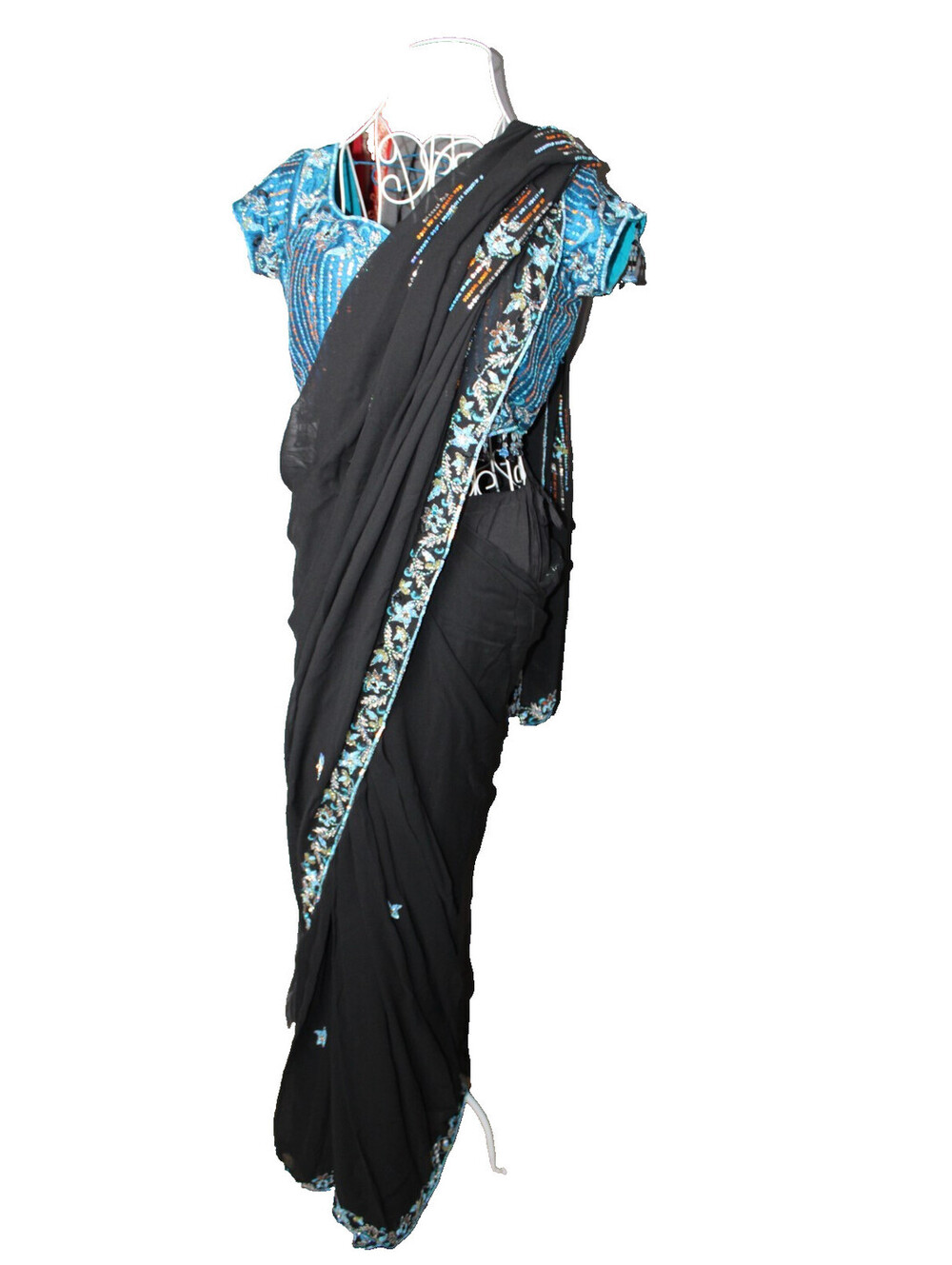 Neeru's 3-Piece Saree Set - Black Georgette with Turquoise Embroidered Blouse